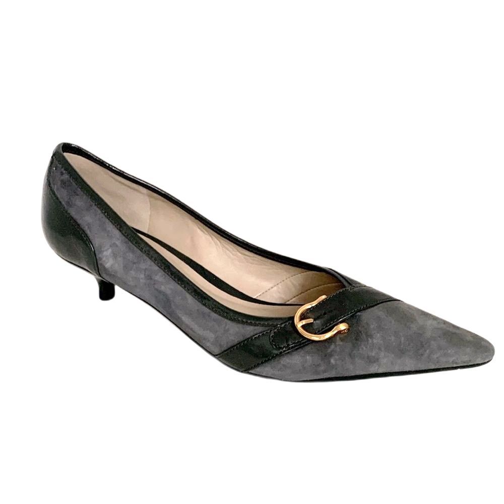 Talbots Gray Suede Leather Gold Buckle Accent Kitten Heel Pumps Size 9AA
